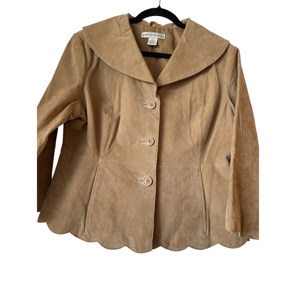 Bamboo Traders Tan Suede‎ Leather Scalloped Hem Jacket Blazer Camel Size L